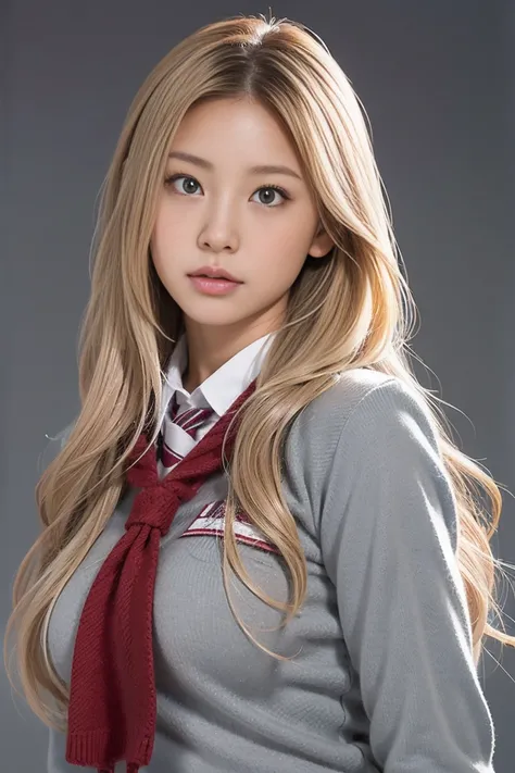 Japanese、Model、Blonde、Long Hair、Big Breasts、School uniform、Gray background