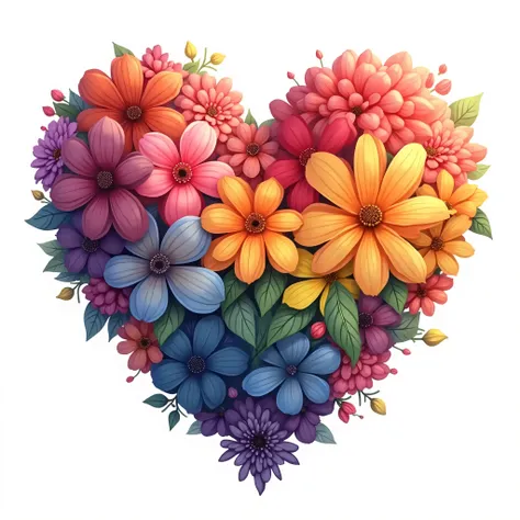 Rainbow color heart made of flowers isolated on white background. This illustration represents concept of love for LGBTQ, gay, lesbian, pride and bisexsual. Digital illustration