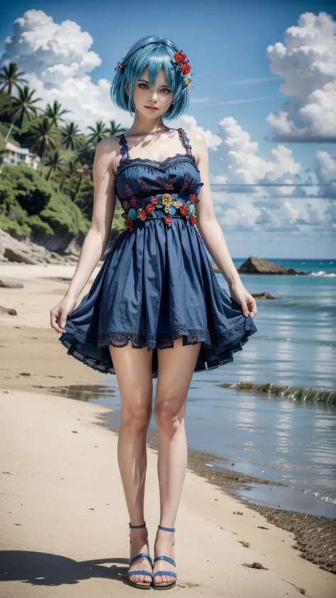 Nico, short blue hair, blue eyes, Best quality casual dress, 1 , high resolution,  whole body, wearing a short red dress with flowers and lace, Wearing black sandals, on a beach 