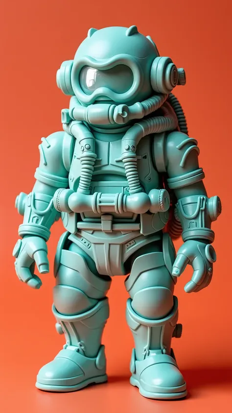 ilustración técnica de product nuevo packingtado, ultra detailed, extreme attention to detail. product/packing. Plastic figure of a character with a scuba diver theme with tanks and hoses on the body (Science fiction), (Japanese toy type from the 70s), Ful...