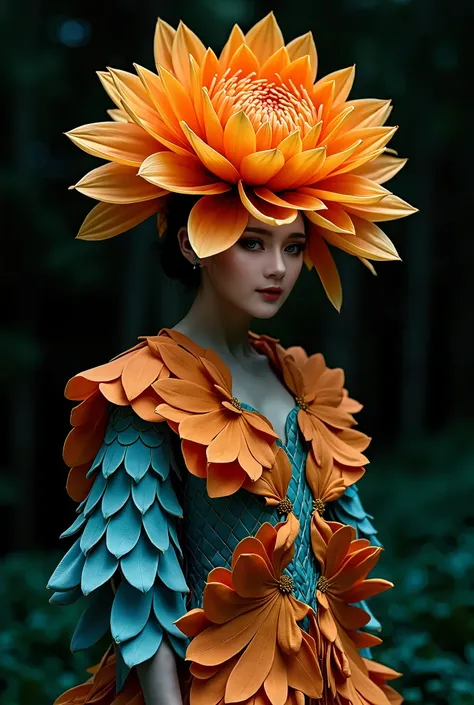 A realistic photo of a beautiful indonesian woman who combines human and flower characteristics. The figures head is replaced by a large blooming flower with orange petals that have a lush and intricate design. Her body is encased in a garment or structure...