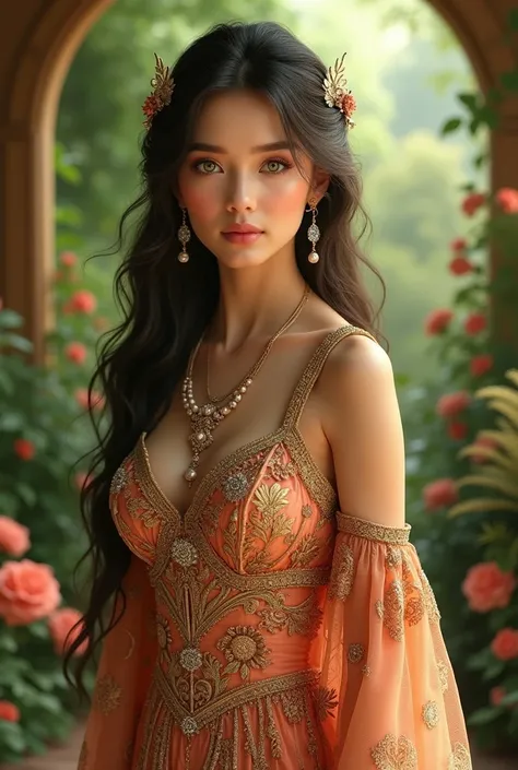 (8k, Foto bruta, best quality, masterpiece:1.2), (realistic, photo-realistic:1.37),1 girl, dress, green eyes, long hair, ultra detailed fabric, beautiful decoration on dress, intricate floral pattern, ornate jewelry, soft lighting, warm color palette, lush...