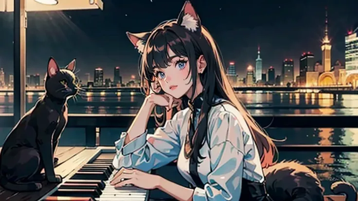 One Girl, 非常にdetailedな目と顔, Long black hair, Sparkling brown eyes, 80s Style, Hairstyles of the 2010s, whole body, Night cityscape, City lights, piano, looking at viewer, One black cat, Best Quality, masterpiece, High resolution, detailed, Perfect Anatomy, ...