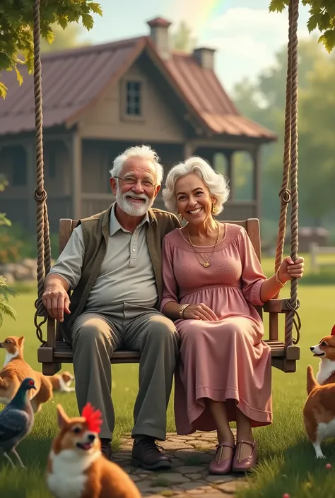 super realistic, super detailed and intricate, a healthy and happy 60-year-old couple smiling happily at the camera, both have rosy skin, healthy gray hair, bright and clear eyes, sitting on a swing in a small garden with a cute fish pond, a few chickens, ...