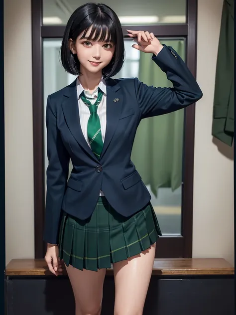 (8k, RAW Photos, Best Quality), Standing in a school classroom, (((((((One woman))))))), ((Black Hair)), ((Medium Bob Hair)), (Asymmetrical bangs), ((Detailed eyes)), ((A happy smile)), ((Long, slender legs)), ((Green tie)), (((Navy blue closed blazer))), ...