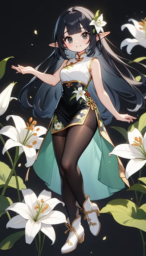 1 elven lady, solo, full body, noble smile, blunt bangs, hime cut, black long Hair with ornament of a white lily, black eyes. drooping thin Pointed Ears, White Sleeveless mini Cheongsam with floral pattern, black pantyhose, thigh, white short boots, simple...