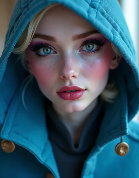 Disneys Elsa, sexy smirk, intense eyes, flirt, gaze, sexy look, half-closed eyes, head tilt, filled lips, thick lips, makeup, My Cool Infinity Girl, Blue Jacket, toggles, face portrait, close-up shot