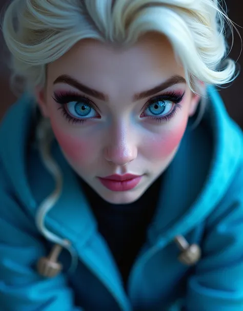 Disneys Elsa, sexy smirk, intense eyes, flirt, gaze, sexy look, half-closed eyes, head tilt, filled lips, thick lips, makeup, My Cool Infinity Girl, Blue Jacket, toggles, face portrait, close-up shot