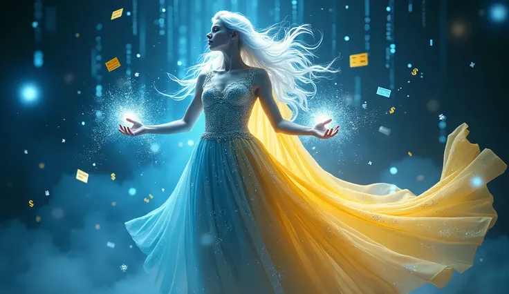 Goddess of Digital Wealth and Connectivity
Pose: Hovering majestically above glowing credit cards, dollar signs, and digital purchase icons.
Clothes: Flowing blue and yellow gown adorned with shimmering patterns of payment symbols and digital codes.
Detail...