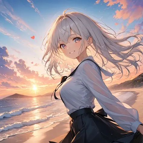 anime、((Amazingly absurd)),(masterpiece:1.2),超High resolution, Attention to detail, high quality, High resolution, 最high quality, 4K, 8k、woman,smile,White Hair,Eyes,Heart-shaped eyes,Glass,Hair blowing in the wind,White shirt,Black Skirt,Rough style best s...