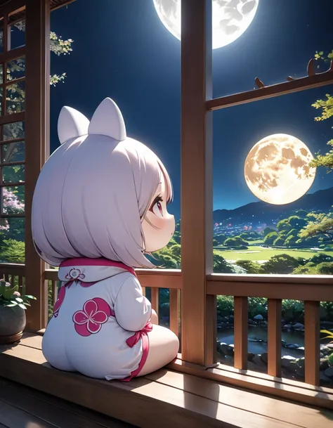 masterpiece, best quality, 8k, highres, ultra-detailed,HDR, UHD, studio lighting, ultra-fine painting, sharp focus, physically-based rendering, extreme detail description, professional, vivid colors、Japanese Garden、Chibi、Life-sized Tsukimi Dango mascot cos...