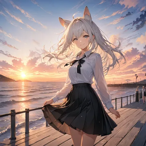 anime、((Amazingly absurd)),(masterpiece:1.2),超High resolution, Attention to detail, high quality, High resolution, 最high quality, 4K, 8k、woman,smile,Animal Ears,White Hair Eyes,Glass,Hair blowing in the wind,White shirt,Black Skirt,Rough style best scene,S...