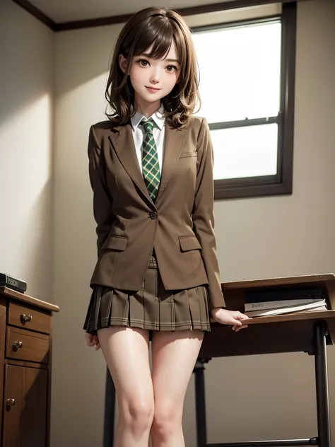 (8k, RAW Photos, Best Quality), Standing in a school classroom, (((((((One woman))))))), ((Brown Hair)), ((Wavy, short, medium-length hair)), (Asymmetrical bangs), ((Detailed eyes)), ((A happy smile)), ((Long, slender legs)), ((Green tie)), (((Light brown ...