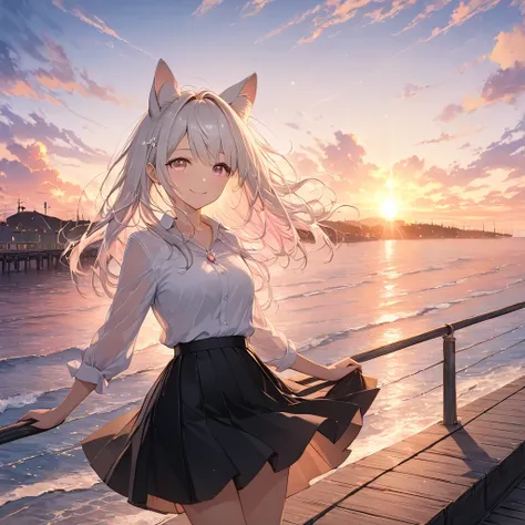 anime、((Amazingly absurd)),(masterpiece:1.2),超High resolution, Attention to detail, high quality, High resolution, 最high quality, 4K, 8k、woman,smile,Animal Ears,White Hair,Hair blowing in the wind,Pink Eyes,Shining like a jewel,White shirt,Black Skirt,Roug...