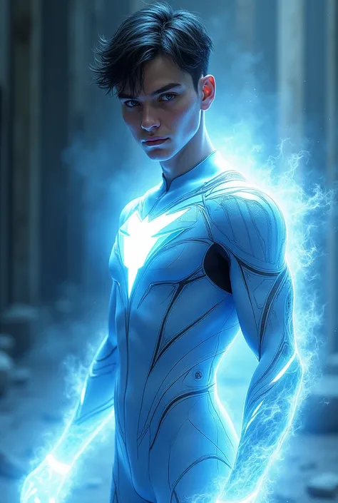 I want you to create a male character with ghostly powers. He is a 2 white male not so muscular who has short black hair with blue eyes. His superhero costume is white with blue details.. Half of your body is already transparent 