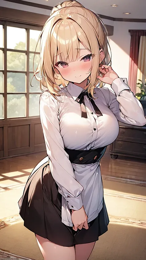 (Masterpiece, Top quality:1.5), nsfw, Naughty woman, Blonde ponytail, (medium Hair:1.2), wavy Hair, asymmetry bangs, swept bangs, airy hair, (plump breasts), standard weight, smile:1.2, (blush:1.3), Wearing maid uniform, Short skirt, beautiful scene of liv...