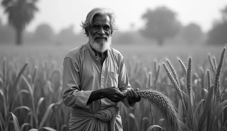 Indian farmer, age60, Alone, cutting crops, grain , Viewers look at, black and white hair, black eyes, smile, Full body , realistic, in the kurta and dhoti, nice