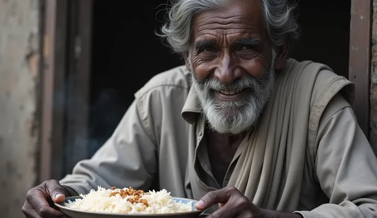 Indian farmer, age60, Alone, eating rices, grain , Viewers look at, black and white hair, black eyes, smile, Full body , realistic, in the kurta and dhoti, nice