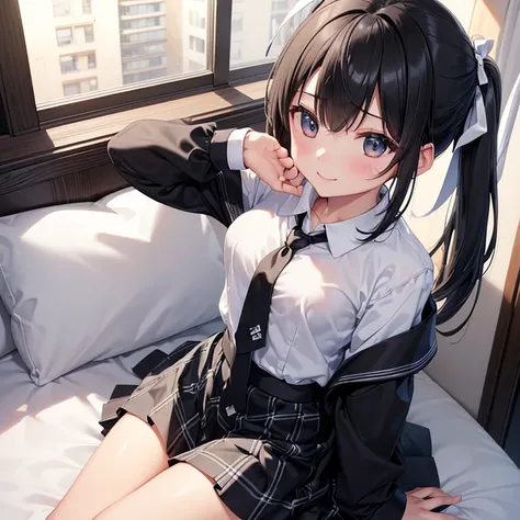 (masterpiece),(Best Quality),(Ultra high definition),(High resolution),(4K),One girl、Short black ponytail、smile、(Small breasts)、(White ribbon)、(Long sleeve school shirt)、(Normal necktie)、(Checkered black mini skirt)、Place your hands on your chest、Luxurious...