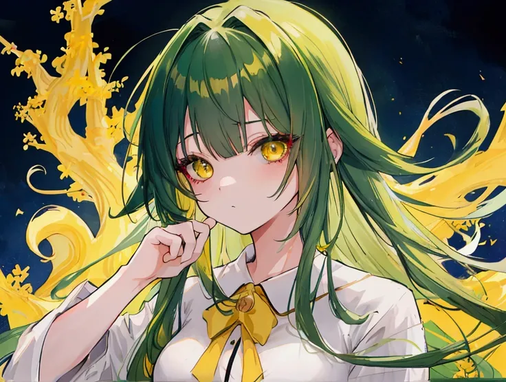 a girl with long dark green hair, yellow eyes,hair behind ear, anime, anime style, UHD, masterpiece, accurate, anatomically correct, super detail, high quality, high details, award winning, highres, best quality, 8k,Cute Pajamas，Bangs，Just woke up