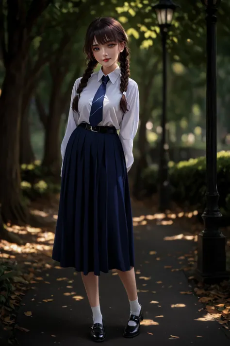 high-school girl, smiling and  gentle posing at park, she has brown twin braids, wearing white long puff sleeves collared shirt with navy-blue tie, navy-blue tie pleated pencil long skirt, black belt with silver buckle, white socks ,black mary-jane shoes, ...