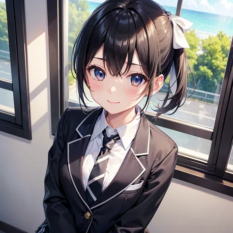 (masterpiece),(Best Quality),(Ultra high definition),(High resolution),(4K),One girl、Short black ponytail、smile、(Small breasts)、(White ribbon)、(blazer)、(Normal necktie)、(Checkered black mini skirt)、Place your hands on your chest、Standing in front of a wind...