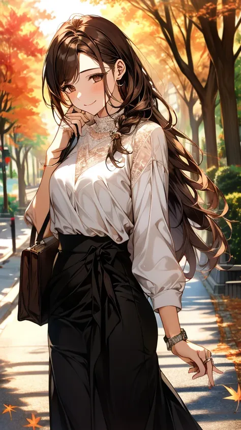 Best Quality,High image quality,Masterpiece,1girl,Adult women, Dark brown hair,Long Hair,highlight hair,side braid,(Droopy eyes:1.5),8 heads,Beautiful breasts,Black knit sweater,(See-through brown lace maxi long skirt),boots,Small Watches,Ring on the pinky...