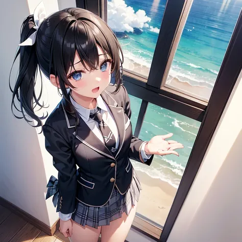 (masterpiece),(Best Quality),(Ultra high definition),(High resolution),(4K),One girl、Short black ponytail、(Close your eyes:1.1)、Open your mouth a little、(Small breasts)、(White ribbon)、(blazer)、(Normal necktie)、(Checkered black mini skirt)、Place your hands ...