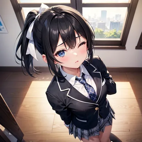 (masterpiece),(Best Quality),(Ultra high definition),(High resolution),(4K),One girl、(Short black ponytail)、(Close your eyes:1.2)、(Open your mouth a little:0.8)、(Small breasts)、(White ribbon)、(blazer)、(Normal necktie)、(Checkered black mini skirt)、(Place yo...