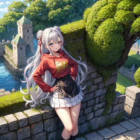 Rainbow red and silver hair、Rainbow Eyes、Wavy Hair、Hair tied up、Two cute、Checked mini skirt、Black T-shirt、Long sleeve、Wearing a hood、Black knee-high socks、Teeth are visible、Monster Castle、Tilting face、lawn、In front of the city gates、The stone is cracked、Un...