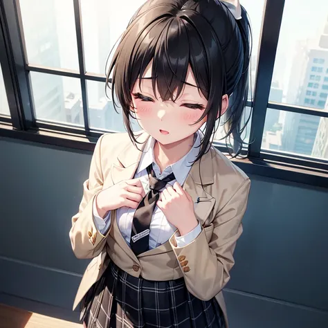 (masterpiece),(Best Quality),(Ultra high definition),(High resolution),(4K),One girl、(Short black ponytail)、(Close your eyes:1.3)、(Open your mouth a little:0.8)、(Small breasts)、(White ribbon)、(blazer)、(Normal necktie)、(Checkered black mini skirt)、(Place yo...