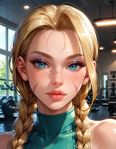 score_9, score_8_up, score_7_up, rating_questionable, epiCPhoto, 1girl, very sexy (cammySDXL, blonde hair, long hair, twin braids, scar on face:1.1), beautiful waifu, yogapants, dark green yoga pants, in gym, long legs, thicc, solo, cute, flirt, gaze, sexy...