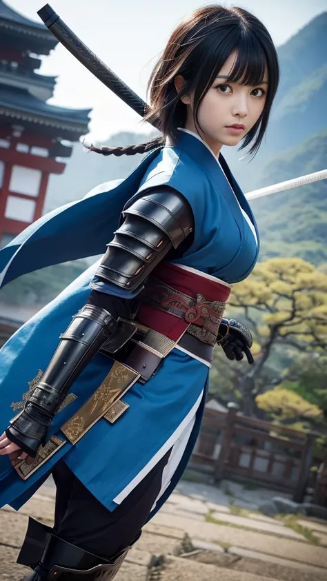 Japan, Sengoku period, beautiful girl, Japanese anime, black hair, short hair, big cool eyes, kunoichi, battlefield, background margin, blue, action, warrior armor, kimono