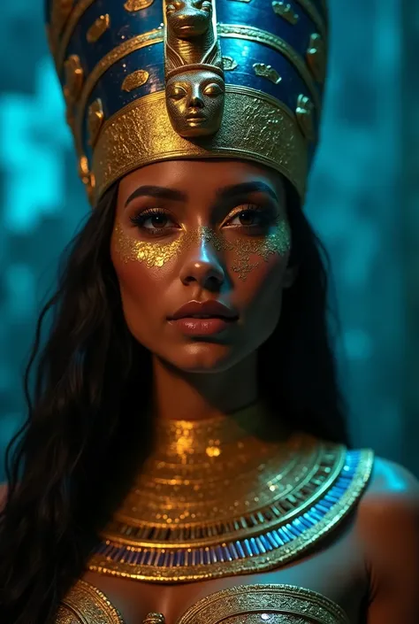 a close up of gold makeup a woman wearing a gold faraon blue metalic gold color headdress and a crown, egypt makeup, egyptian makeup, wearing an egyptian crown, egyptian princess, egyptian, beautiful cleopatra, smile like a sphinx, brown skin man egyptian ...