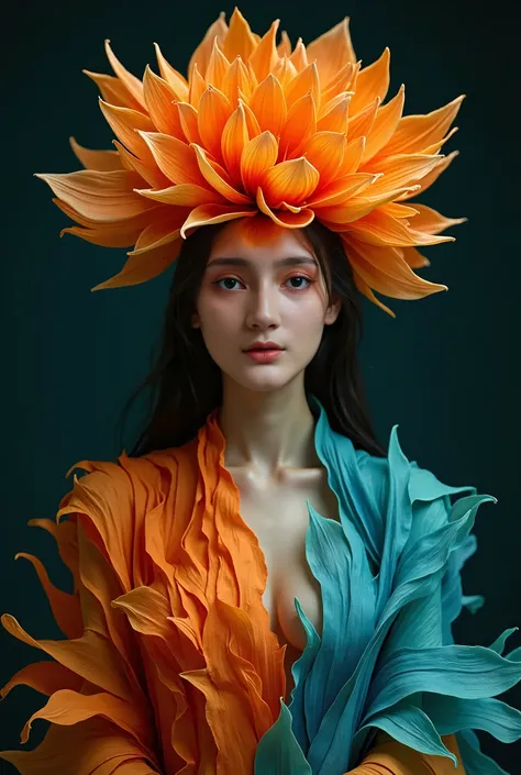 A realistic photo of a beautiful indonesian woman who combines human and flower characteristics. The figures head is replaced by a large blooming flower with orange petals that have a lush and intricate design. Her body is encased in a garment or structure...