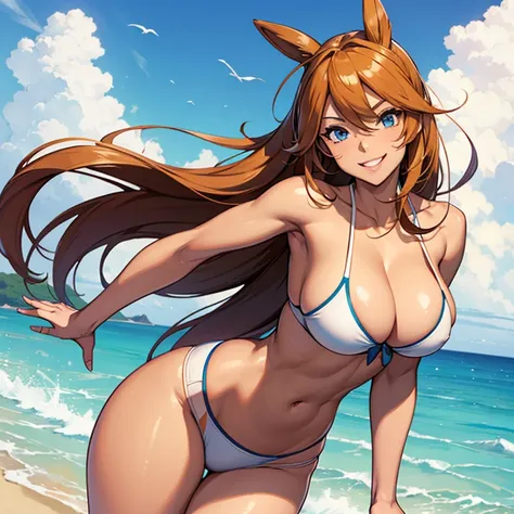 Sexy Busty Voluptuous skimpy Buff Muscular athletic Smiling cheerful suntanned Swimmer Pokemon Trainer girl with very long down loose hair down to her hips and blue eyes at the beach 