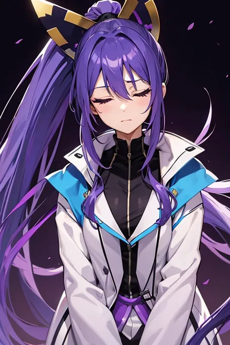 Blue-purple hair, Ridiculously long hair, Hair between the eyes, High Ponytail, purple eyespurple suit, Anime Color,closed eyes