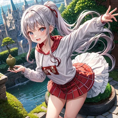 Rainbow red and silver hair、Rainbow Eyes、Wavy Hair、Hair tied up、Two cute、Checked mini skirt、Black T-shirt、Long sleeve、Wearing a hood、Black knee-high socks、Teeth are visible、Old Castle、Tilting face、lawn、In front of the city gates、The stone is cracked、Uneven...