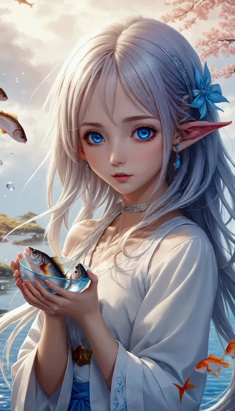 anime girl with blue eyes holding a bowl of fish, elf girl, anime visual of a cute girl, beautiful anime portrait, beautiful fantasy anime, detailed anime art, clean detailed anime art, anime art wallpaper 8 k, anime art wallpaper 4 k, anime art wallpaper ...