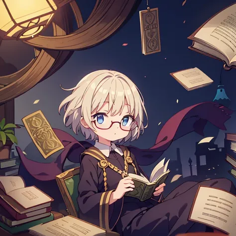 Books floating in the air　　　Book-only illustration　No humans in the photo　A large number of books　Grimoire　　　juvenile　I wear round glasses　Short Hair　The pages are scattered　I&#39;m wearing pants