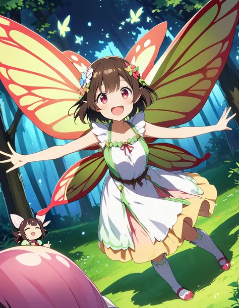 緑と黒の衣装を着た翼のあるanimeの女の子が緑の背景にいる, Pixie character, Fairy, forest Fairy, Insect trainer girl, brunette elf with Fairy wings, Pixie, cute 3d anime girl rendering, April Rendering, Fairy dance, Leg spread 、(Best Quality、masterpiece、High resolution、detailed)、ani...