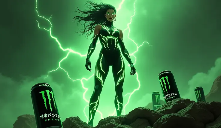 Goddess of Power and Endurance
Pose: Standing fiercely on a craggy rock formation surrounded by green lightning bolts.
Clothes: Black sexy bodysuit with green claw mark patterns glowing like energy surges.
Details: Eyes glow neon green, hair spikes up like...