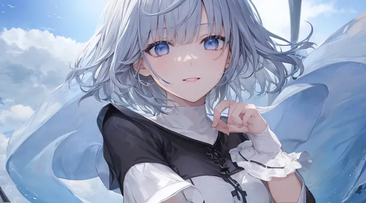 Ultra HD,Look at the viewers, and, 20 years old, 非常にShort Hair, Long bangs between the eyes, Pale blue eyes, Very detailed,(masterpiece、Best Quality),Gray Hair、Laughter、wonderful, Silver Hair, iris, Small face、明るいsmile、(Detailed face) ,Professional Lightin...