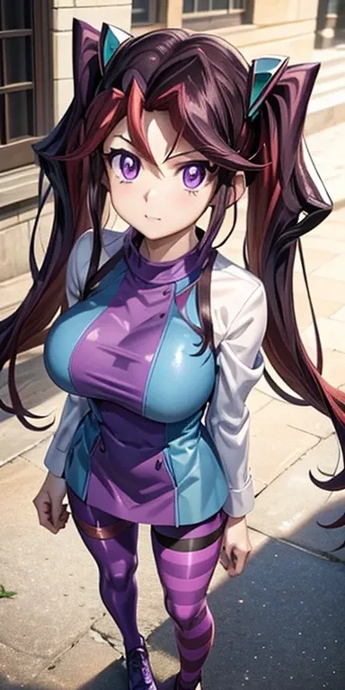 1 Female,High definition,high resolution,Ultra-realistic,8K, yu-gi-oh! arc-v, 
akaba_ray,  1girl,  solo,  18 year-old girl,  long hair,  twintails,  purple eyes,  long-sleeved shirt,  hair ornament,  dress,  (blue, purple pantyhose,  striped legwear:1.2), ...