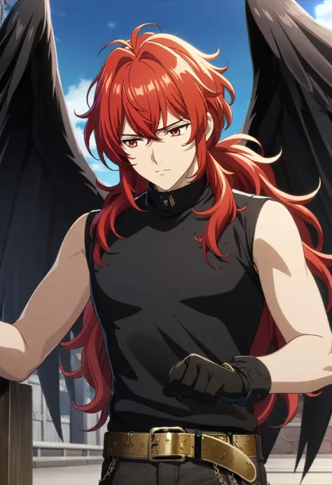 1boy, red hair, long hair, red eyes, diluc, casual clothes, Sleeveless t-shirt, tight high neck, black gloves, gold belt, bigblackwings, CG, screenshot