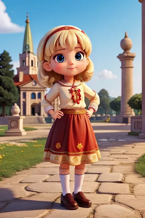 Characters that represent Romanian culture、one Deformed cute girl、 Cute pose、Outdoor Scenery、An iconic landmark of her country、((Best Quality))