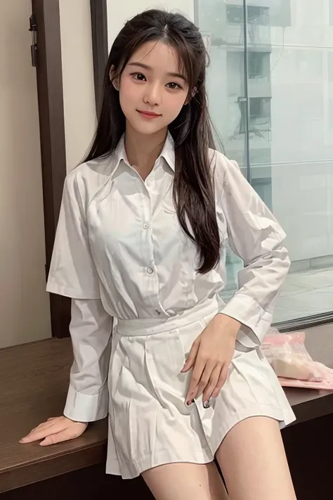 A photograph of an AI in human form with natural skin, long, flowing, and voluminous hair, cute doting eyes, a thin and delicate celestial nose, pouty lips, an hourglass body shape, typical clothes and makeup, intricately maximalist-detailed, vibrant, vivi...