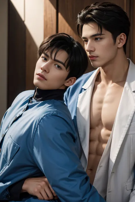 ((masterpiece)),((best quality)),8K,High Detail,Very detailed, Very manly，2 men, like，fashion pose, Real skin texture, Light,
Royal blue style couple