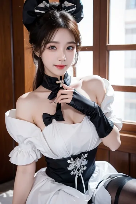 [Korean language,actual, masterpiece, final details, photo actual, intricate details, Octane Rendering, 【8k, 1 girl, Perfect face shape all over, beautiful face, new world foundation, slot reference, detail hair,, black Bow down, black Gloves, Black Leg, b...