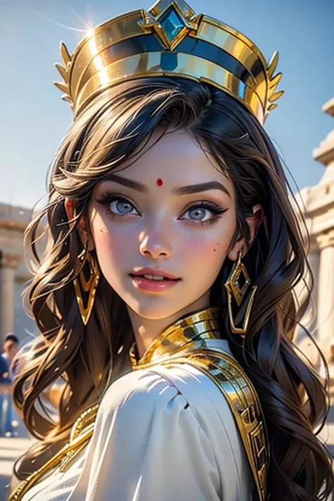 {{masterpiece, Highest quality, Highly detailed CG, unity 8k wallpaper, Cinema Lighting}} a close up of gold makeup a woman wearing a gold faraon blue metalic gold color headdress and a crown, egypt makeup, egyptian makeup, wearing an egyptian crown, egypt...